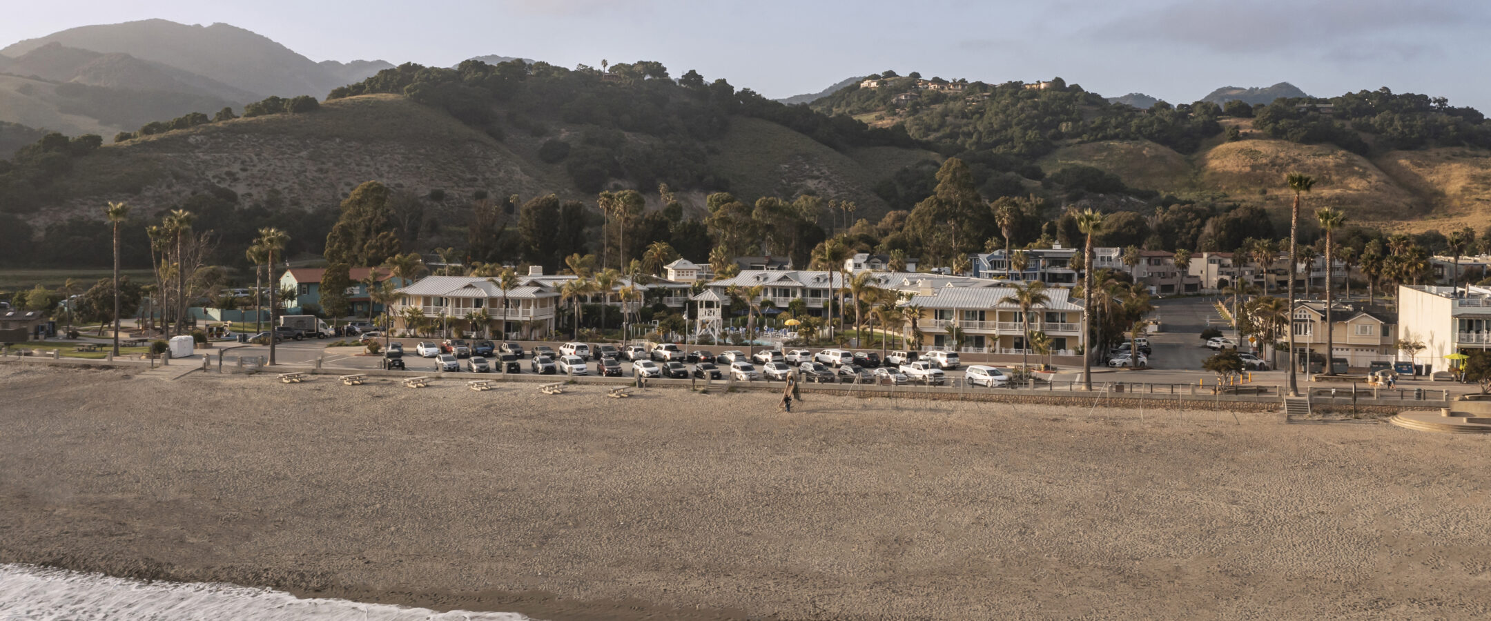Drone photo of Avila Lighthouse Suites on Avila Beach.