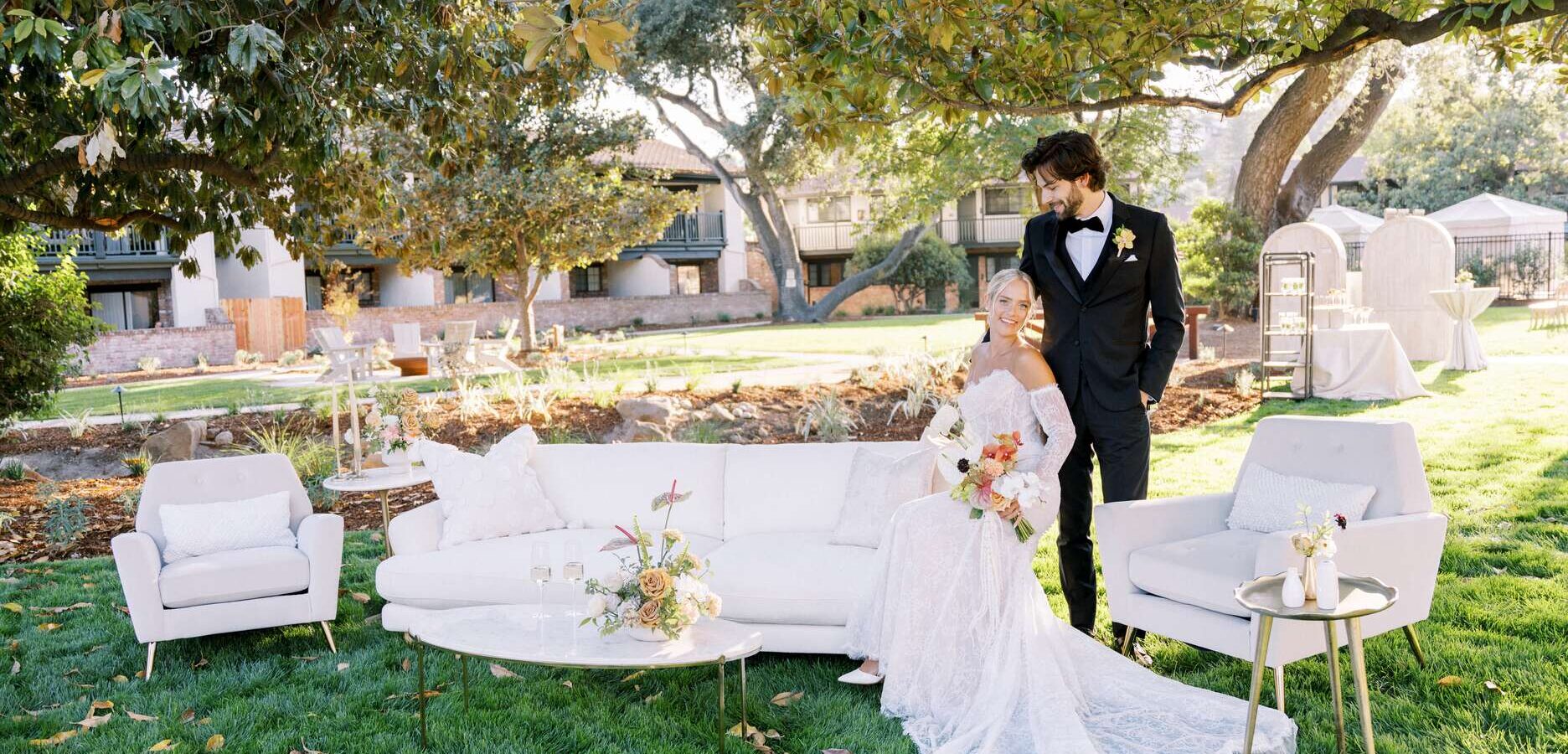 Bride and Groom in Garden Setting